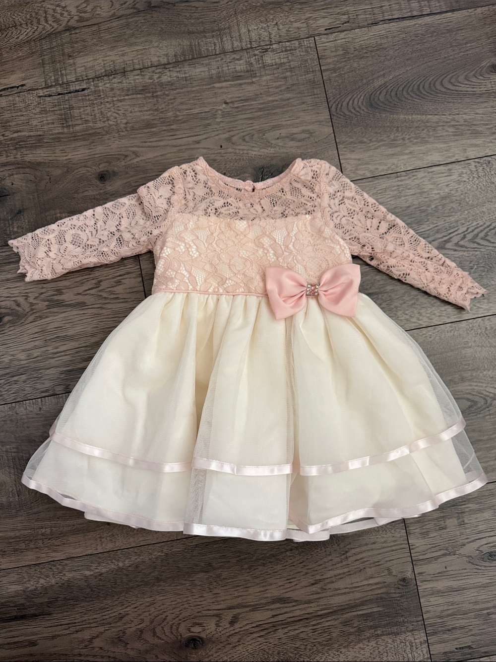 Pink Lace & Cream Tulle Bow Dress for baby girl